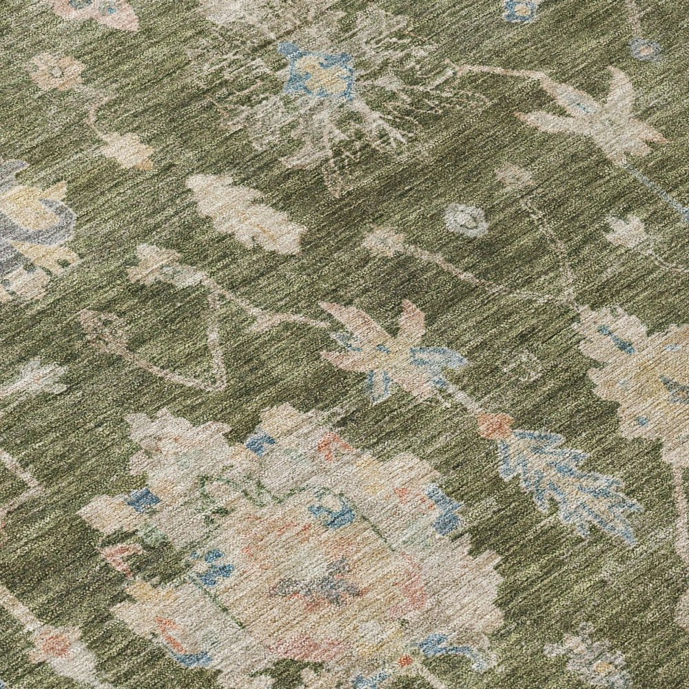 8' X 10' Olive Green Beige And Blue Floral Washable Indoor Outdoor Area Rug HomeRoots