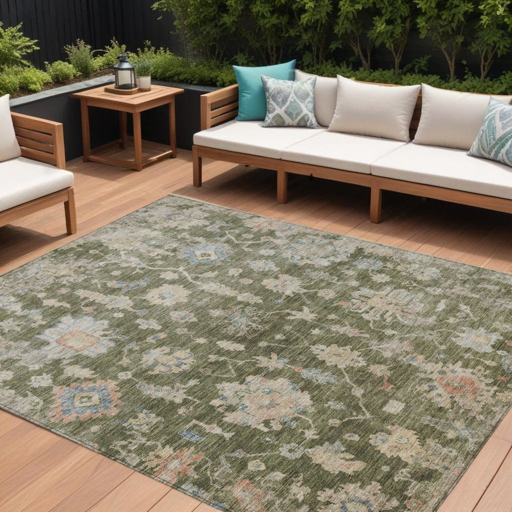 10' X 14' Olive Green Beige And Blue Floral Washable Indoor Outdoor Area Rug — view 9