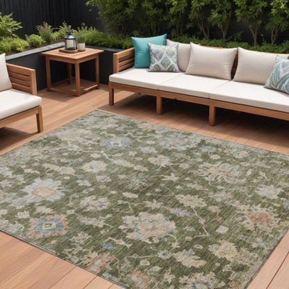 10' X 14' Olive Green Beige And Blue Floral Washable Indoor Outdoor Area Rug HomeRoots