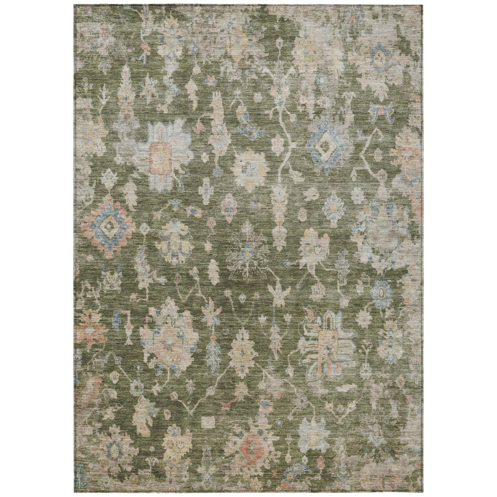 10' X 14' Olive Green Beige And Blue Floral Washable Indoor Outdoor Area Rug — view 2