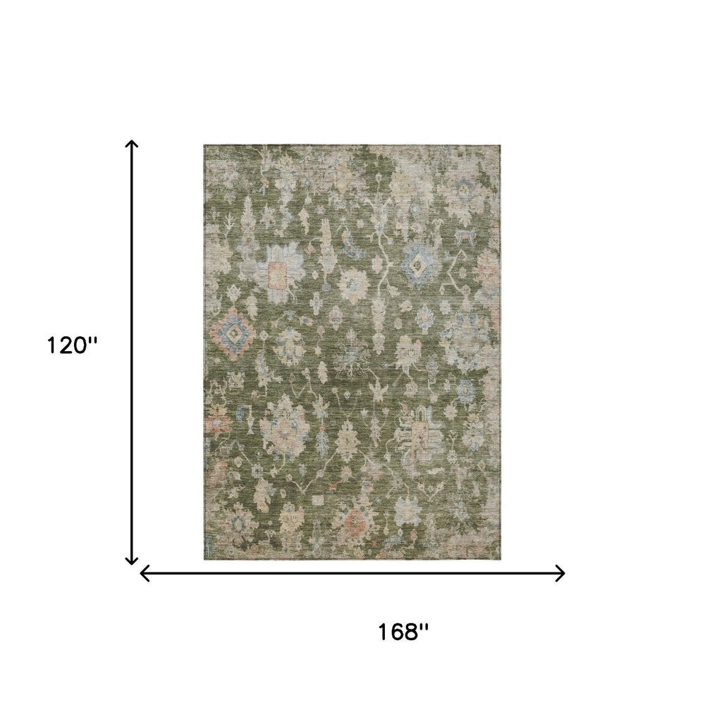 10' X 14' Olive Green Beige And Blue Floral Washable Indoor Outdoor Area Rug HomeRoots