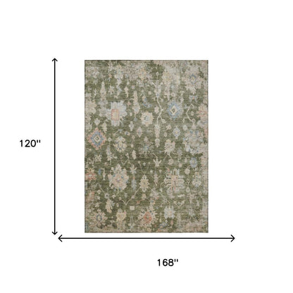 10' X 14' Olive Green Beige And Blue Floral Washable Indoor Outdoor Area Rug HomeRoots