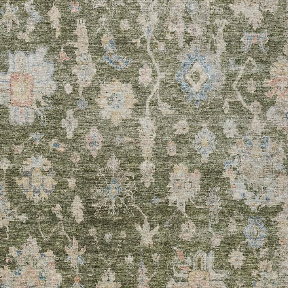 10' X 14' Olive Green Beige And Blue Floral Washable Indoor Outdoor Area Rug HomeRoots