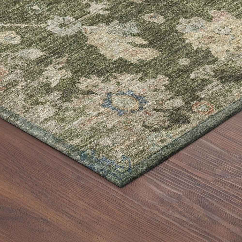 10' X 14' Olive Green Beige And Blue Floral Washable Indoor Outdoor Area Rug HomeRoots