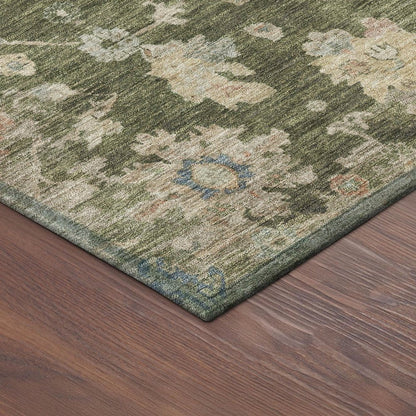 10' X 14' Olive Green Beige And Blue Floral Washable Indoor Outdoor Area Rug HomeRoots