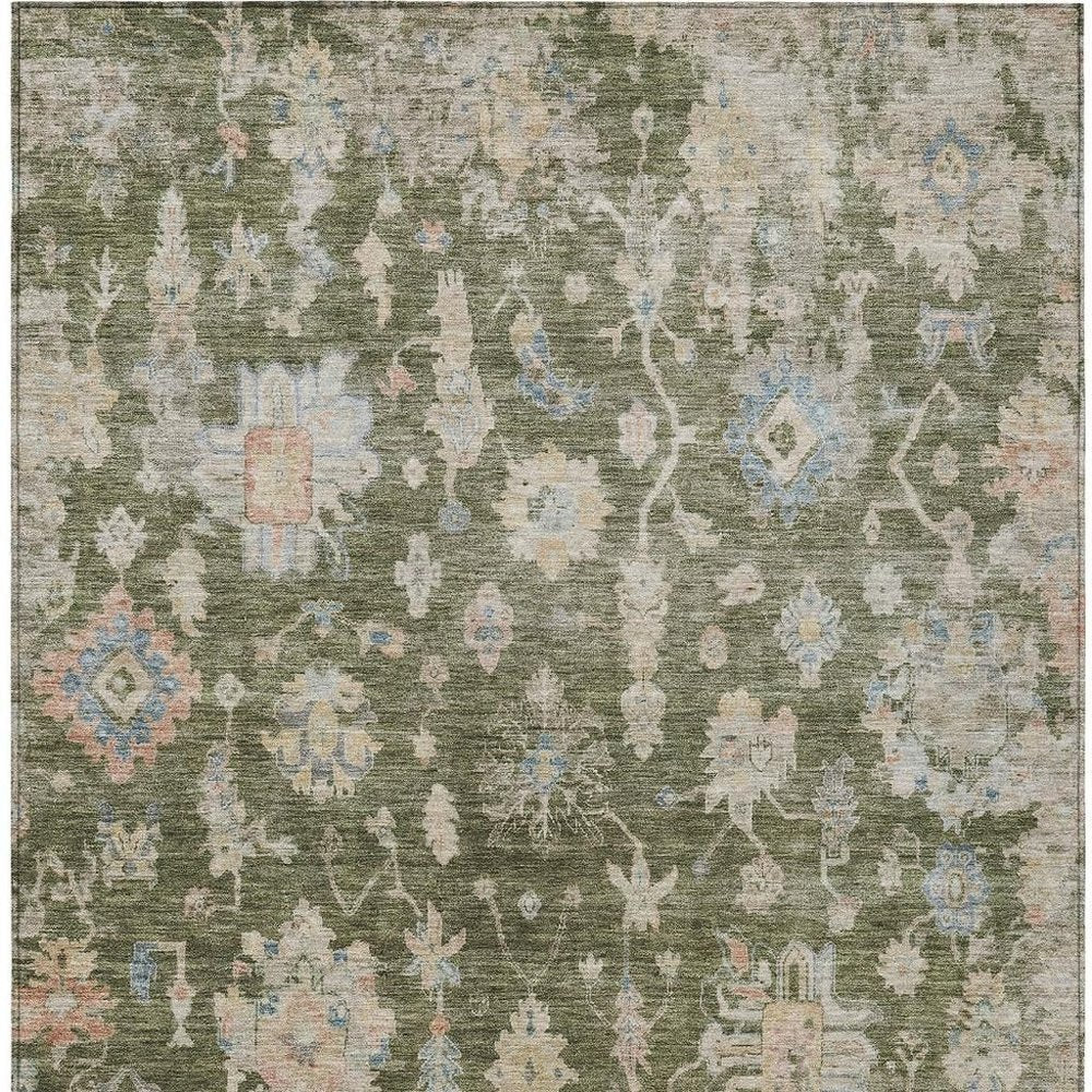 10' X 14' Olive Green Beige And Blue Floral Washable Indoor Outdoor Area Rug — view 15