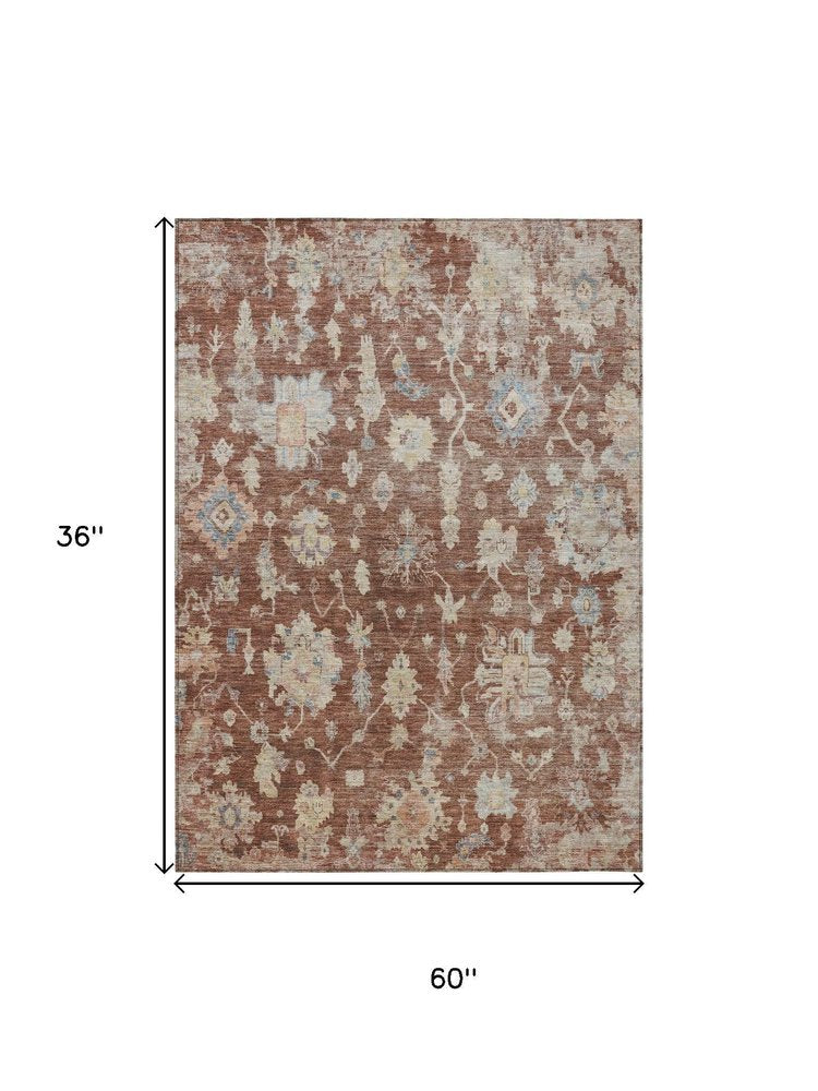 3' X 5' Rust Beige And Blue Floral Washable Indoor Outdoor Area Rug HomeRoots