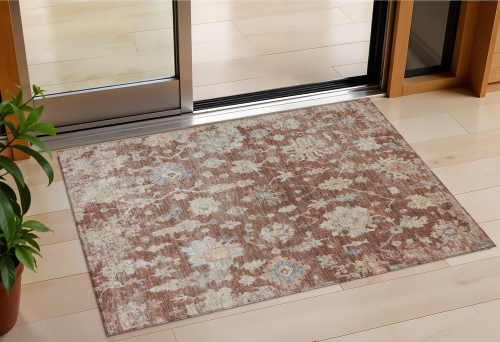 3' X 5' Rust Beige And Blue Floral Washable Indoor Outdoor Area Rug HomeRoots