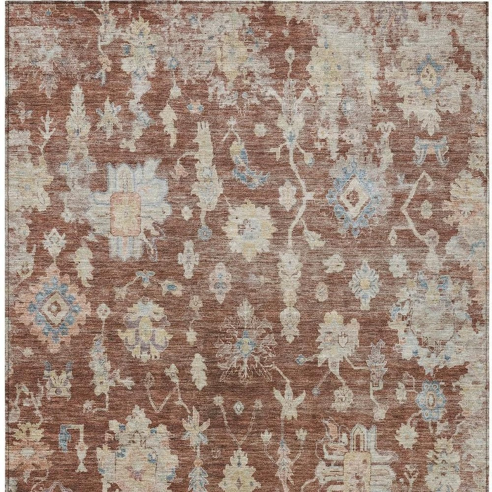 5' X 8' Rust Beige And Blue Floral Washable Indoor Outdoor Area Rug — view 7