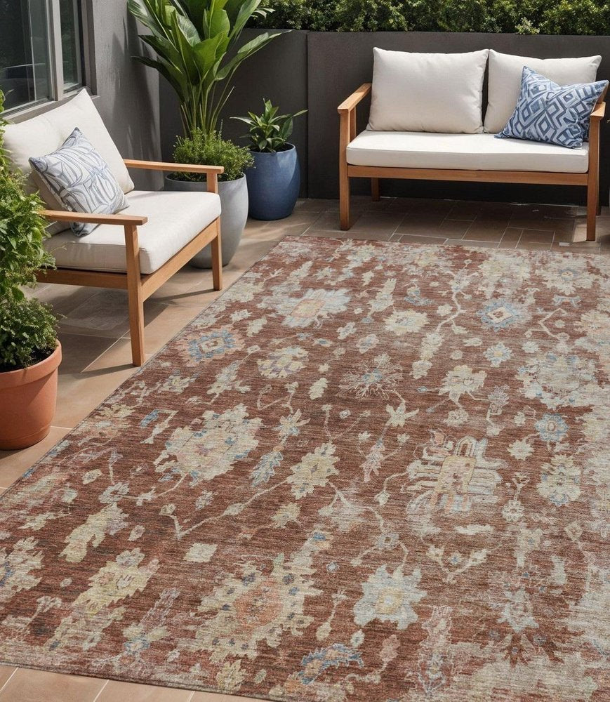 5' X 8' Rust Beige And Blue Floral Washable Indoor Outdoor Area Rug HomeRoots