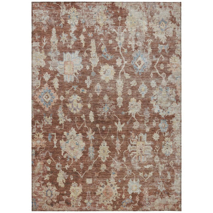 5' X 8' Rust Beige And Blue Floral Washable Indoor Outdoor Area Rug
