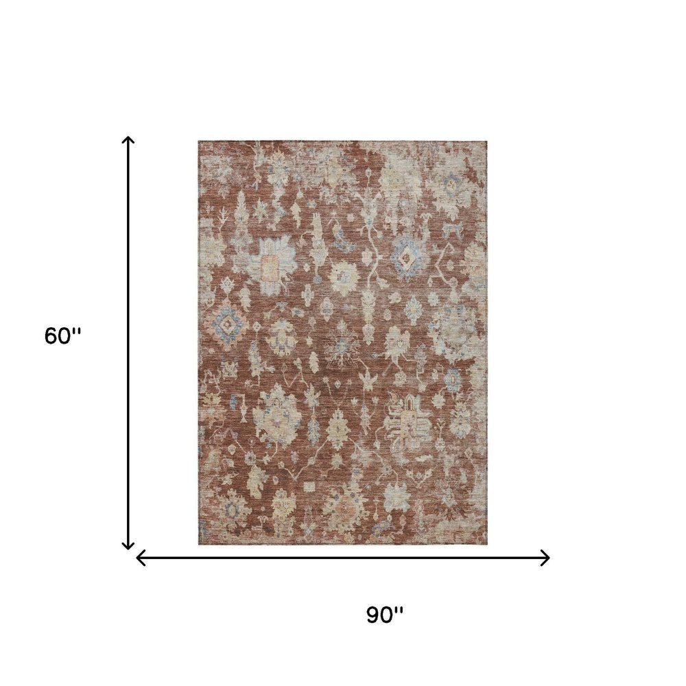 5' X 8' Rust Beige And Blue Floral Washable Indoor Outdoor Area Rug