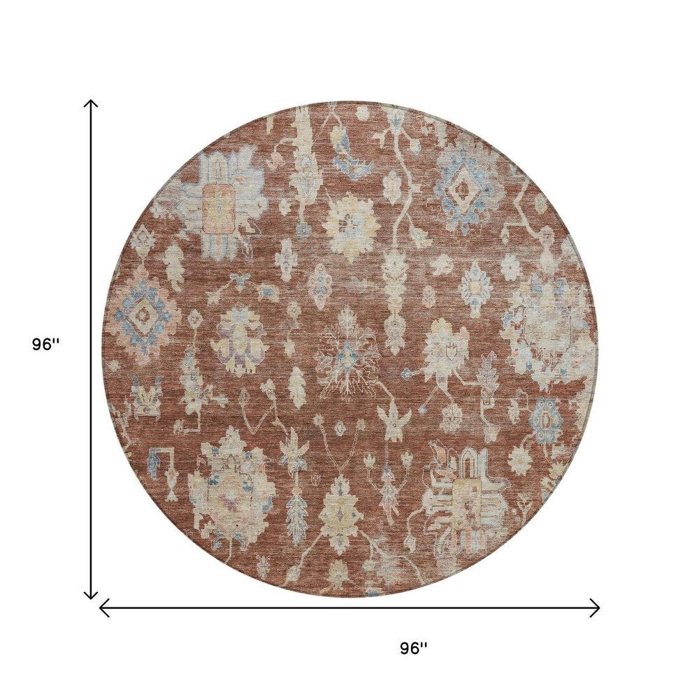 8' Rust Beige And Blue Round Floral Washable Indoor Outdoor Area Rug — view 5