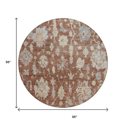 8' Rust Beige And Blue Round Floral Washable Indoor Outdoor Area Rug HomeRoots
