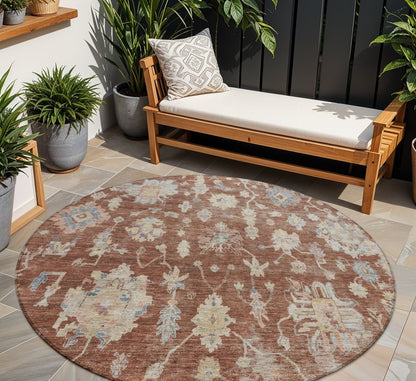 8' Rust Beige And Blue Round Floral Washable Indoor Outdoor Area Rug HomeRoots