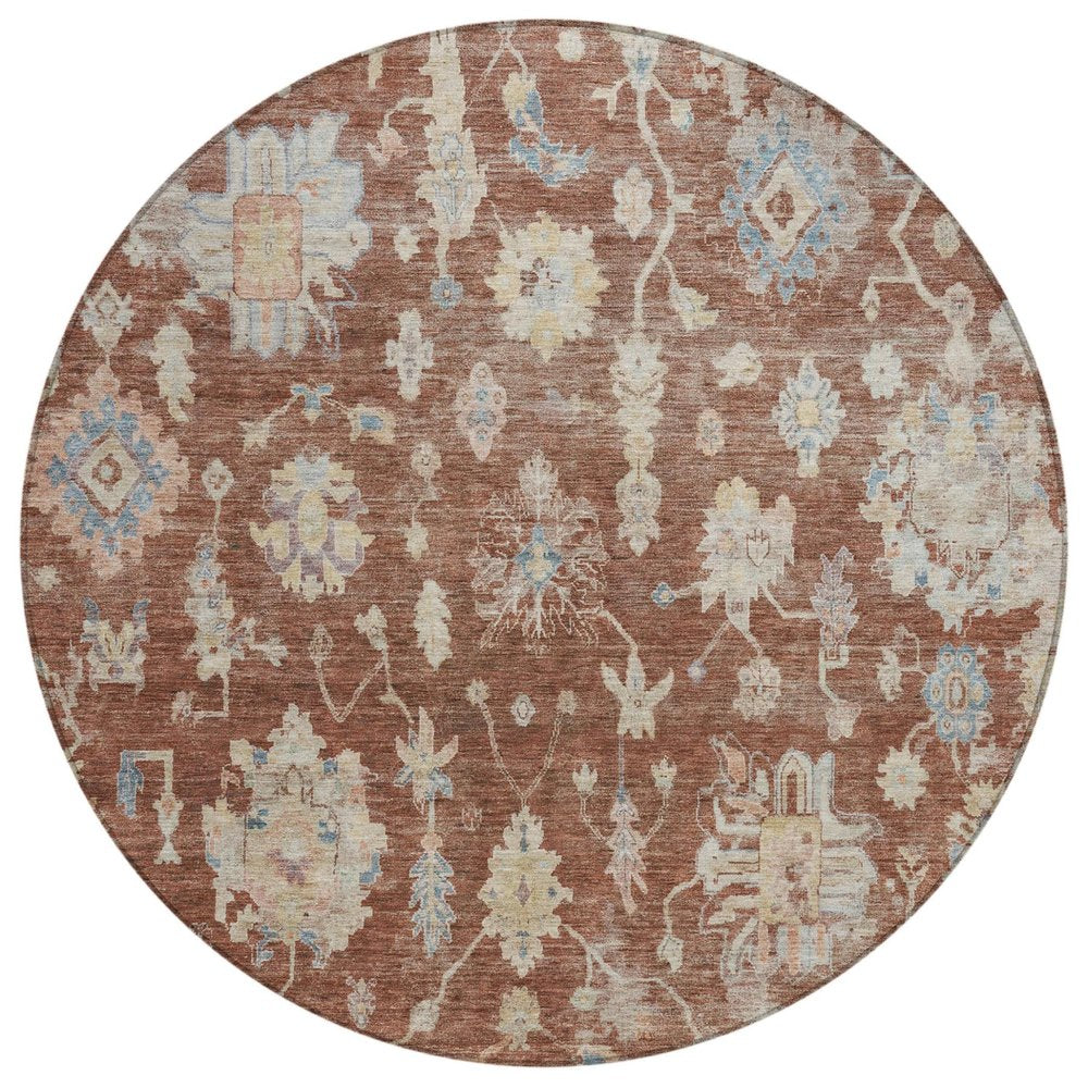 8' Rust Beige And Blue Round Floral Washable Indoor Outdoor Area Rug — view 1