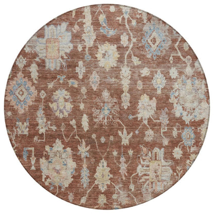 8' Rust Beige And Blue Round Floral Washable Indoor Outdoor Area Rug HomeRoots