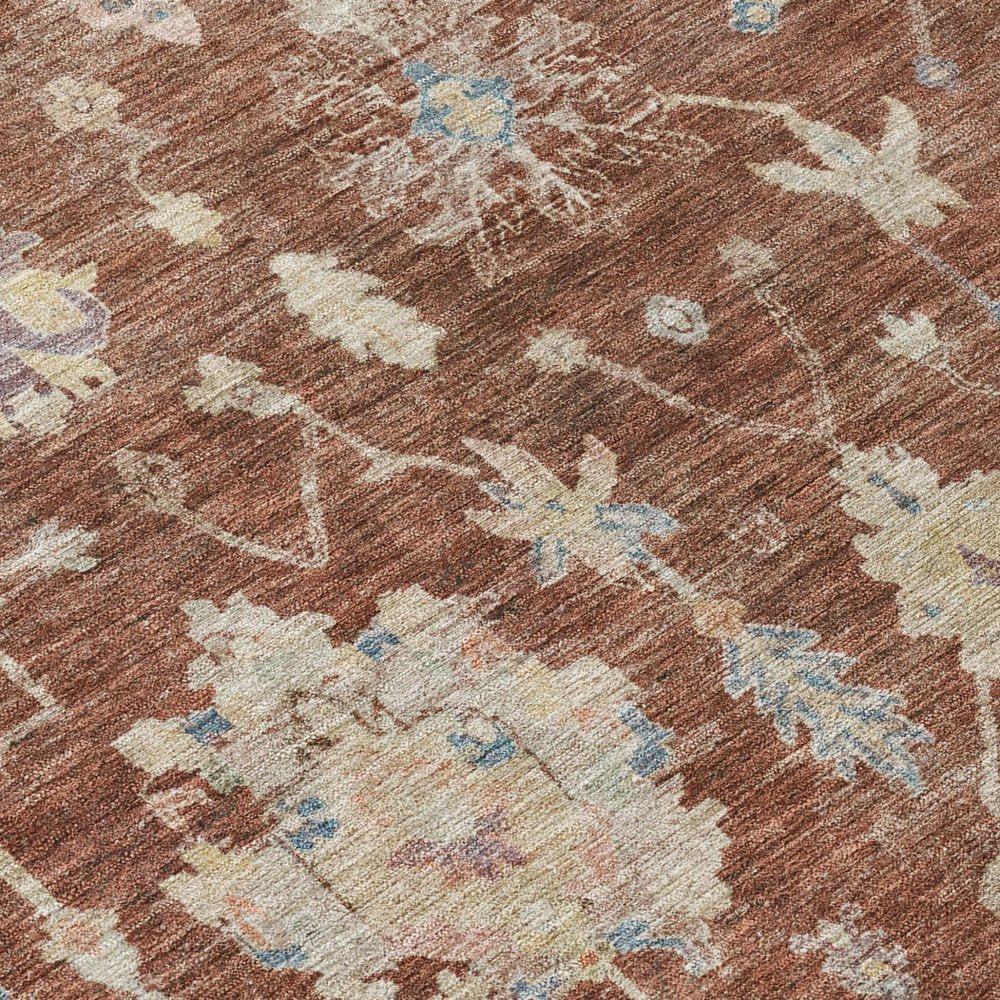 8' Rust Beige And Blue Round Floral Washable Indoor Outdoor Area Rug HomeRoots