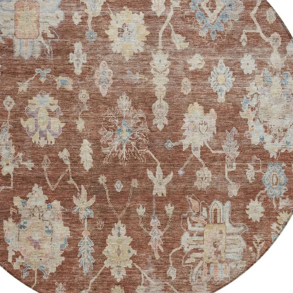 8' Rust Beige And Blue Round Floral Washable Indoor Outdoor Area Rug — view 3