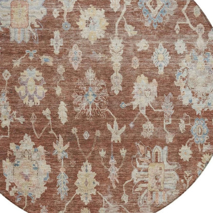 8' Rust Beige And Blue Round Floral Washable Indoor Outdoor Area Rug HomeRoots