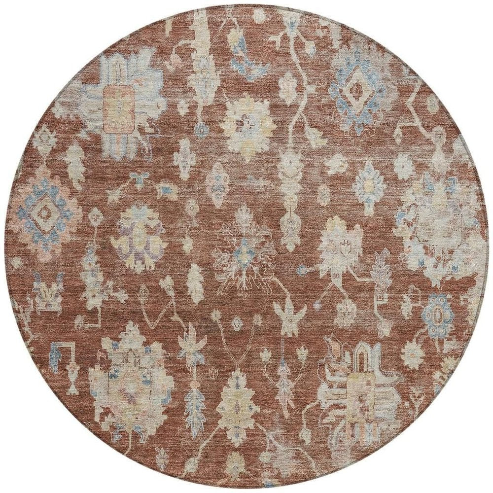 8' Rust Beige And Blue Round Floral Washable Indoor Outdoor Area Rug HomeRoots