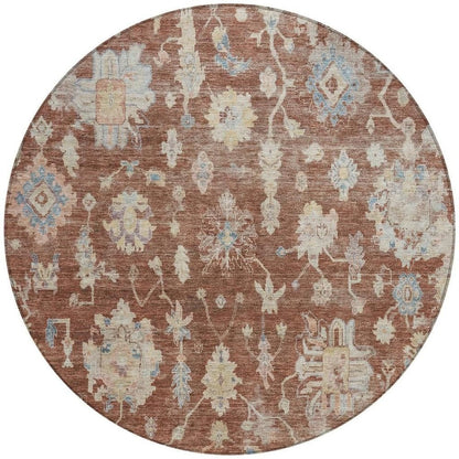 8' Rust Beige And Blue Round Floral Washable Indoor Outdoor Area Rug HomeRoots
