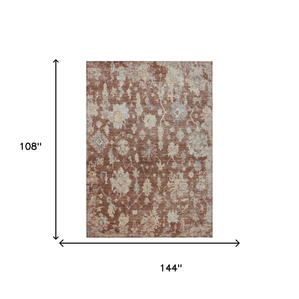 9' X 12' Rust Beige And Blue Floral Washable Indoor Outdoor Area Rug — view 7