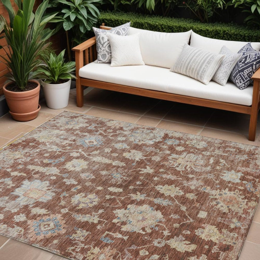 9' X 12' Rust Beige And Blue Floral Washable Indoor Outdoor Area Rug HomeRoots