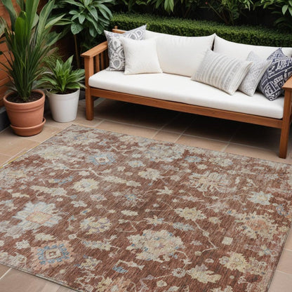 9' X 12' Rust Beige And Blue Floral Washable Indoor Outdoor Area Rug HomeRoots