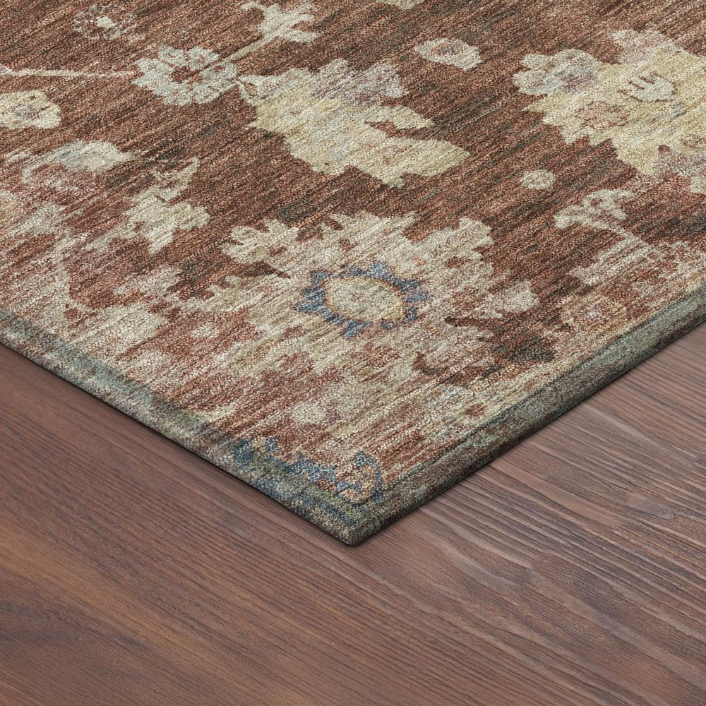 9' X 12' Rust Beige And Blue Floral Washable Indoor Outdoor Area Rug — view 3