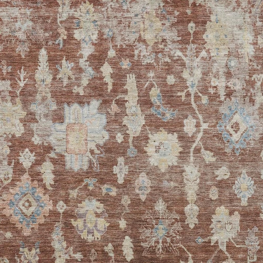 9' X 12' Rust Beige And Blue Floral Washable Indoor Outdoor Area Rug HomeRoots