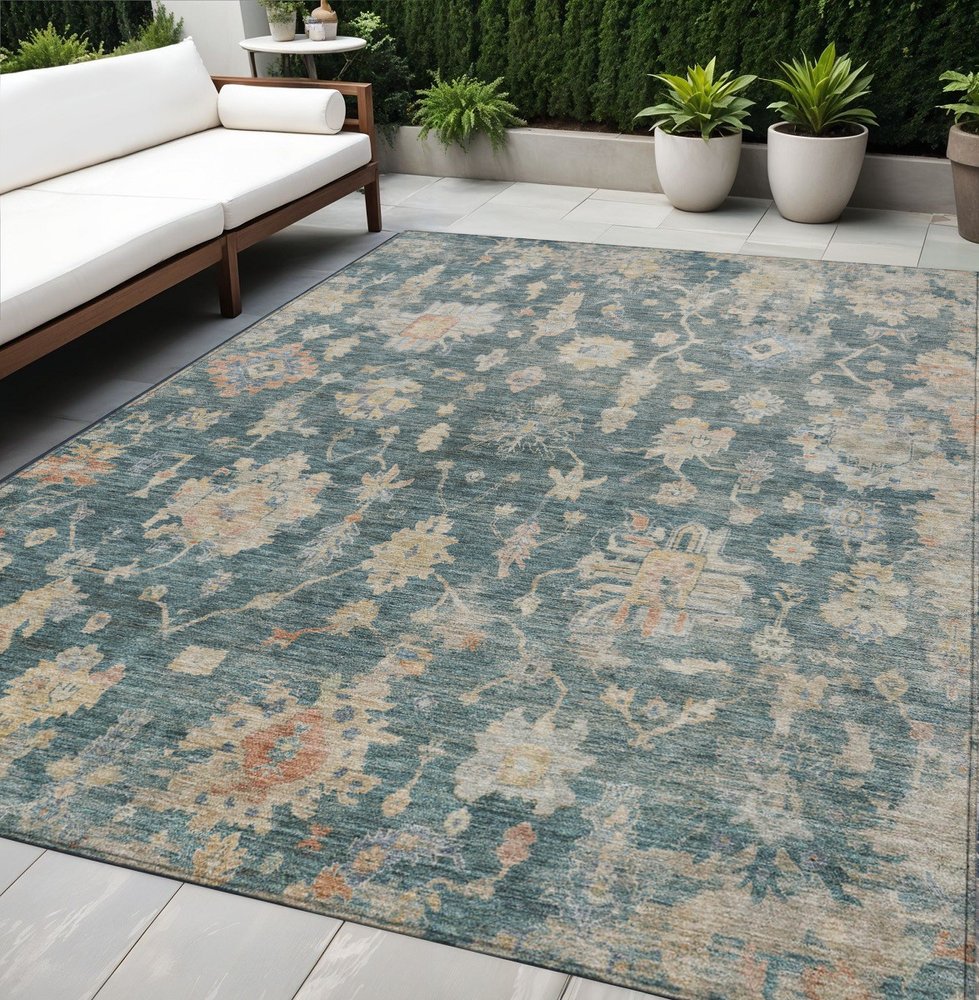 5' X 8' Teal Blue Beige And Gold Floral Washable Indoor Outdoor Area Rug — view 8