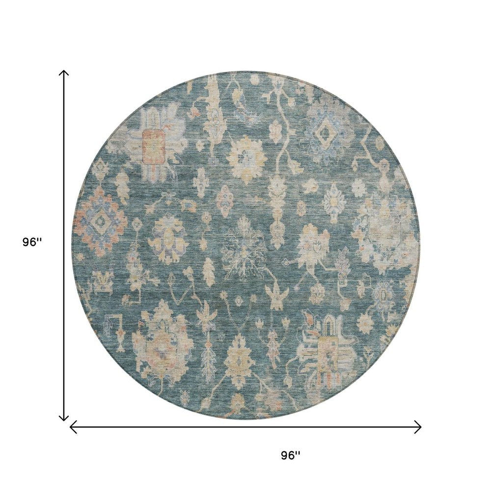 8' Teal Blue Beige And Gold Round Floral Washable Indoor Outdoor Area Rug — view 6