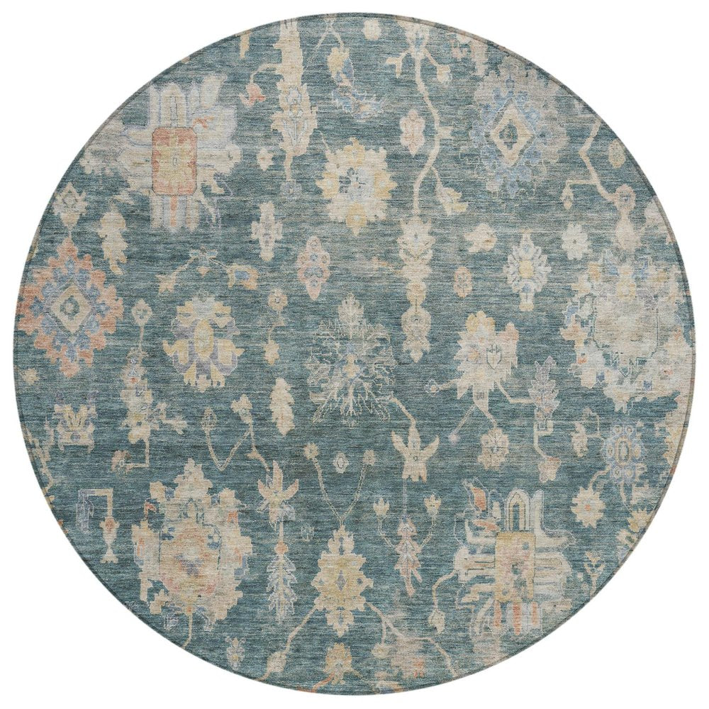 8' Teal Blue Beige And Gold Round Floral Washable Indoor Outdoor Area Rug — view 1