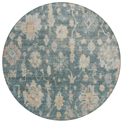 8' Teal Blue Beige And Gold Round Floral Washable Indoor Outdoor Area Rug HomeRoots