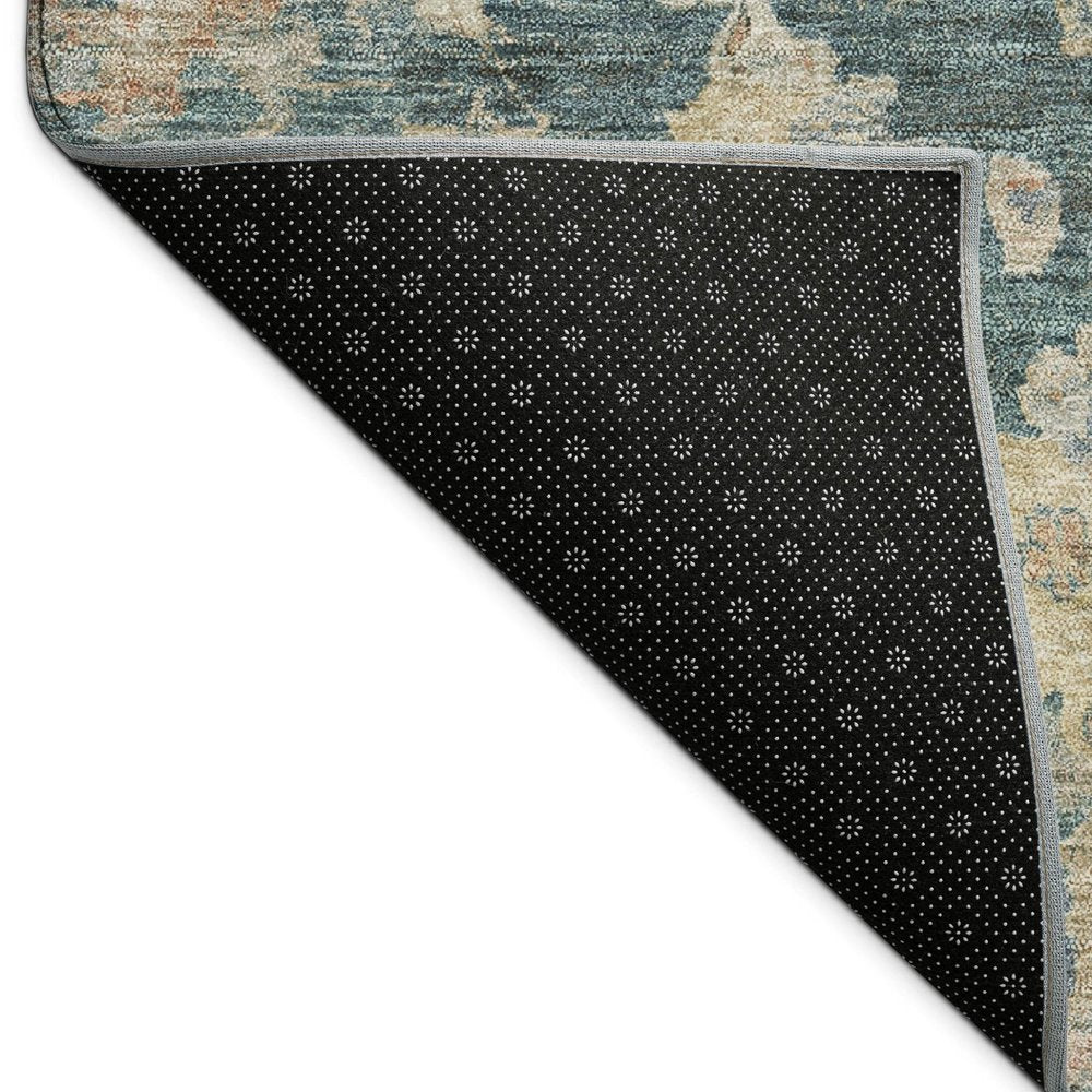 8' Teal Blue Beige And Gold Round Floral Washable Indoor Outdoor Area Rug HomeRoots