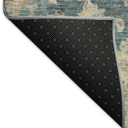 8' Teal Blue Beige And Gold Round Floral Washable Indoor Outdoor Area Rug HomeRoots