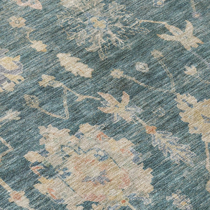 8' Teal Blue Beige And Gold Round Floral Washable Indoor Outdoor Area Rug HomeRoots