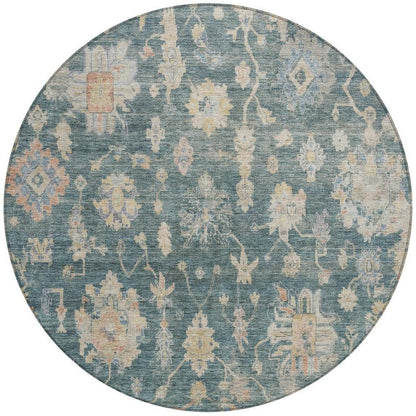 8' Teal Blue Beige And Gold Round Floral Washable Indoor Outdoor Area Rug HomeRoots
