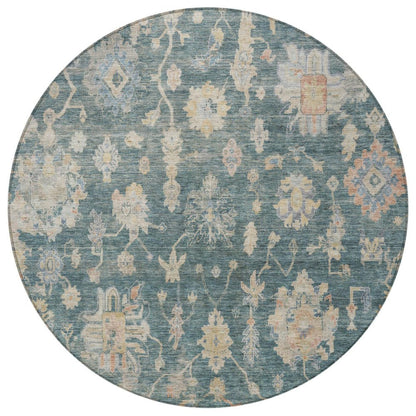 8' Teal Blue Beige And Gold Round Floral Washable Indoor Outdoor Area Rug HomeRoots