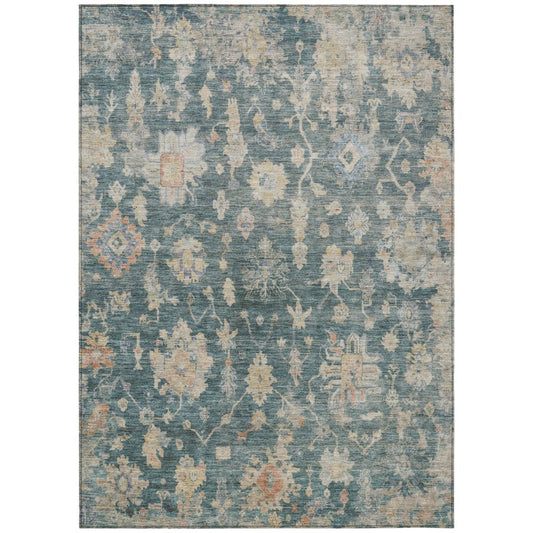 10' X 14' Teal Blue Beige And Gold Floral Washable Indoor Outdoor Area Rug