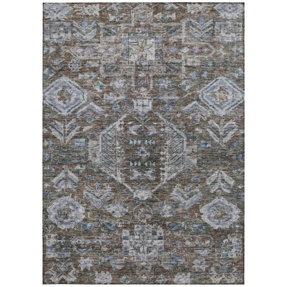 5' X 8' Chocolate And Denim Blue Medallion Washable Indoor Outdoor Area Rug