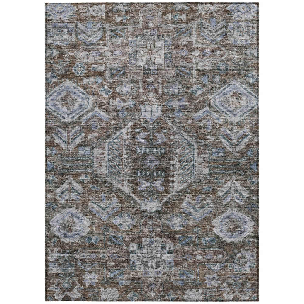 5' X 8' Chocolate And Denim Blue Medallion Washable Indoor Outdoor Area Rug — view 14