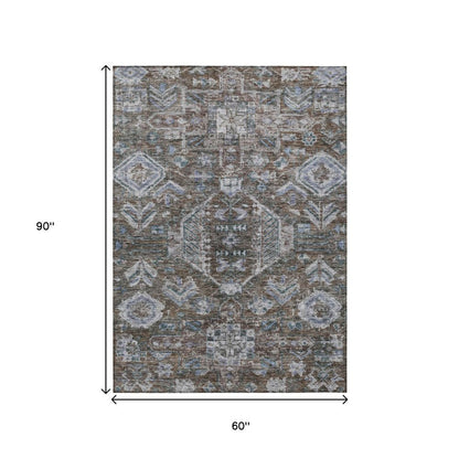 5' X 8' Chocolate And Denim Blue Medallion Washable Indoor Outdoor Area Rug HomeRoots
