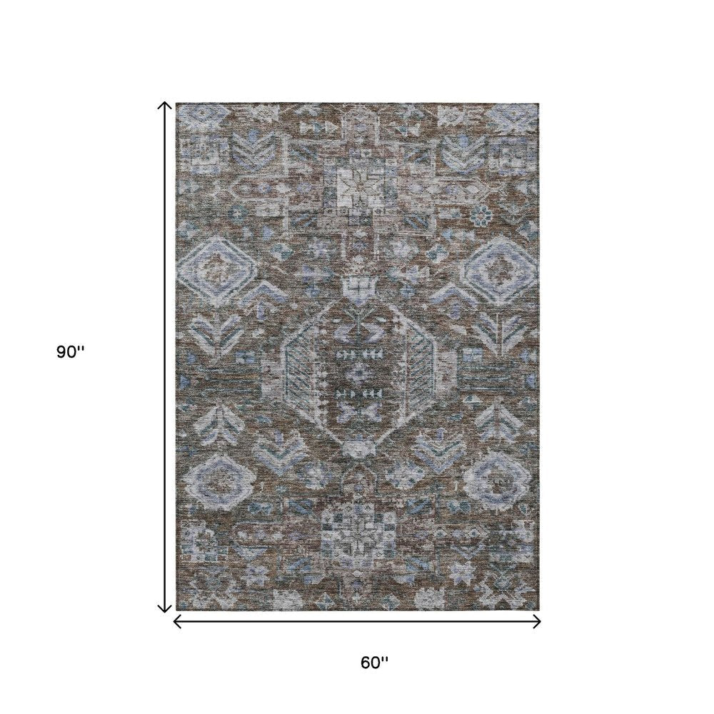 5' X 8' Chocolate And Denim Blue Medallion Washable Indoor Outdoor Area Rug