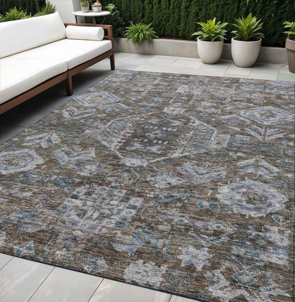 5' X 8' Chocolate And Denim Blue Medallion Washable Indoor Outdoor Area Rug