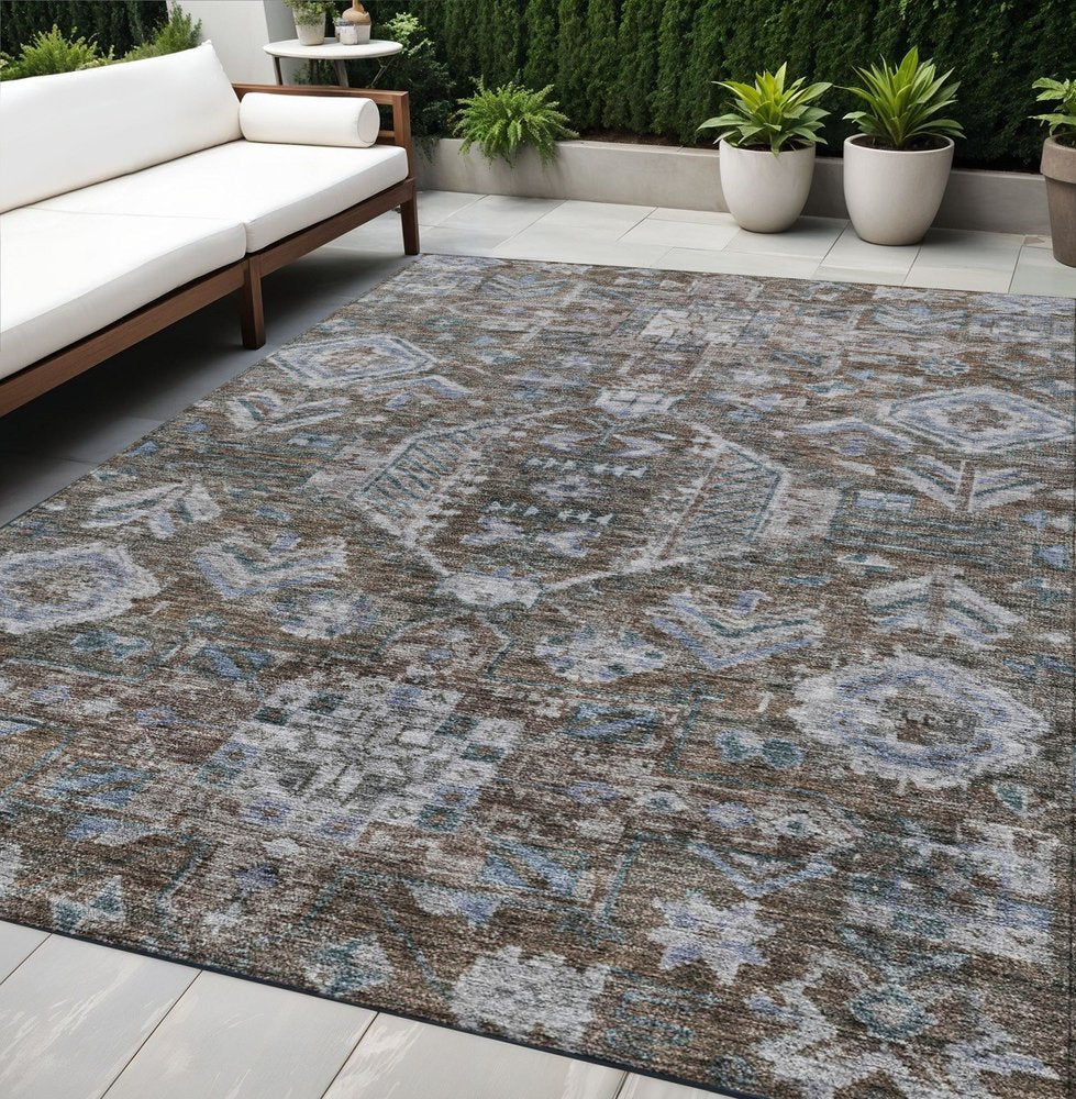 5' X 8' Chocolate And Denim Blue Medallion Washable Indoor Outdoor Area Rug HomeRoots