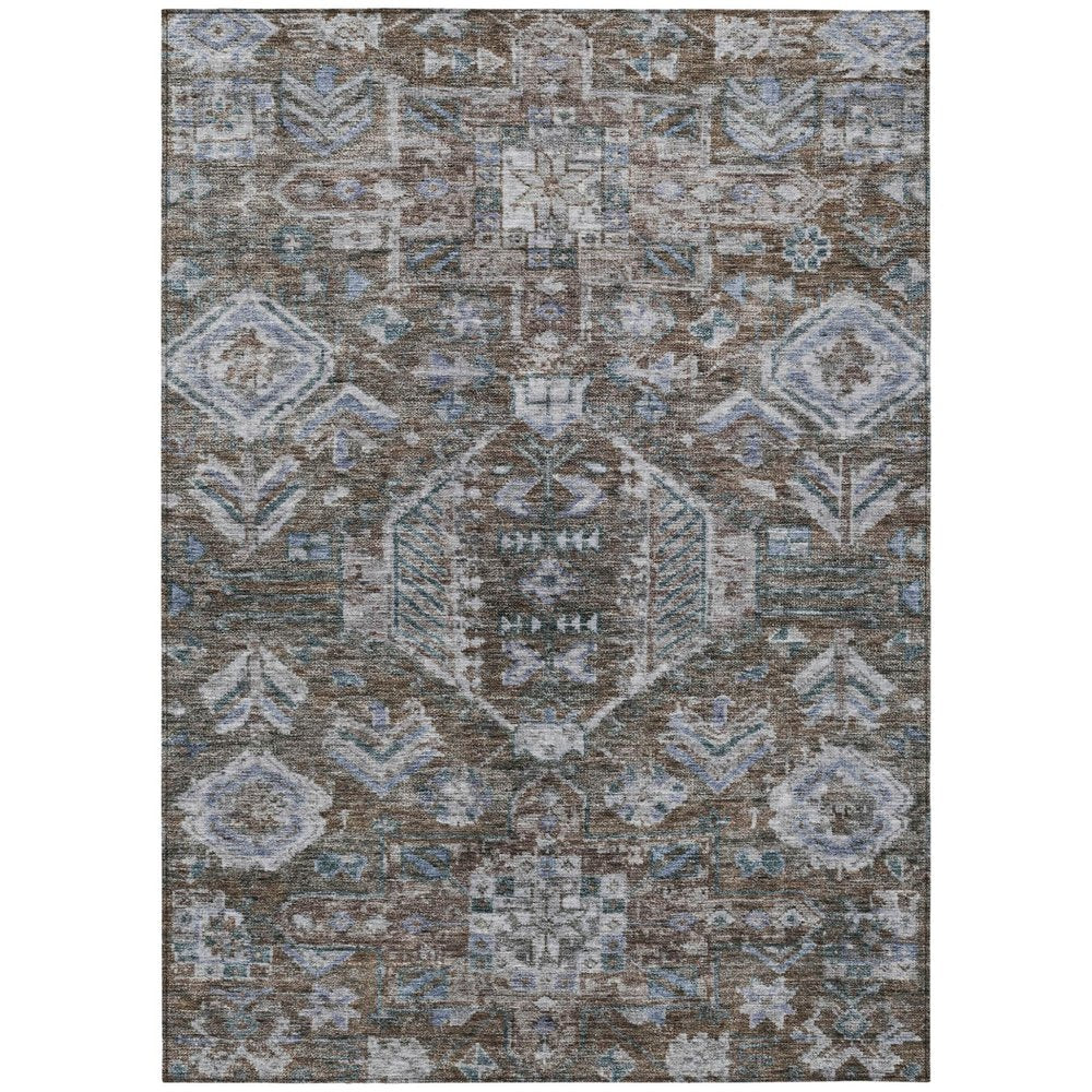 5' X 8' Chocolate And Denim Blue Medallion Washable Indoor Outdoor Area Rug — view 1