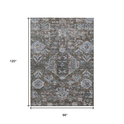8' X 10' Chocolate And Denim Blue Medallion Washable Indoor Outdoor Area Rug