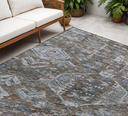 8' X 10' Chocolate And Denim Blue Medallion Washable Indoor Outdoor Area Rug